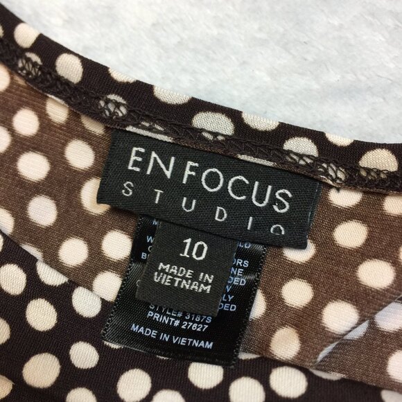 En Focus Studio Midi Dress Sz 10 Womans Brown White Polka Dot Ruched Cap Sleeve - Picture 8 of 12